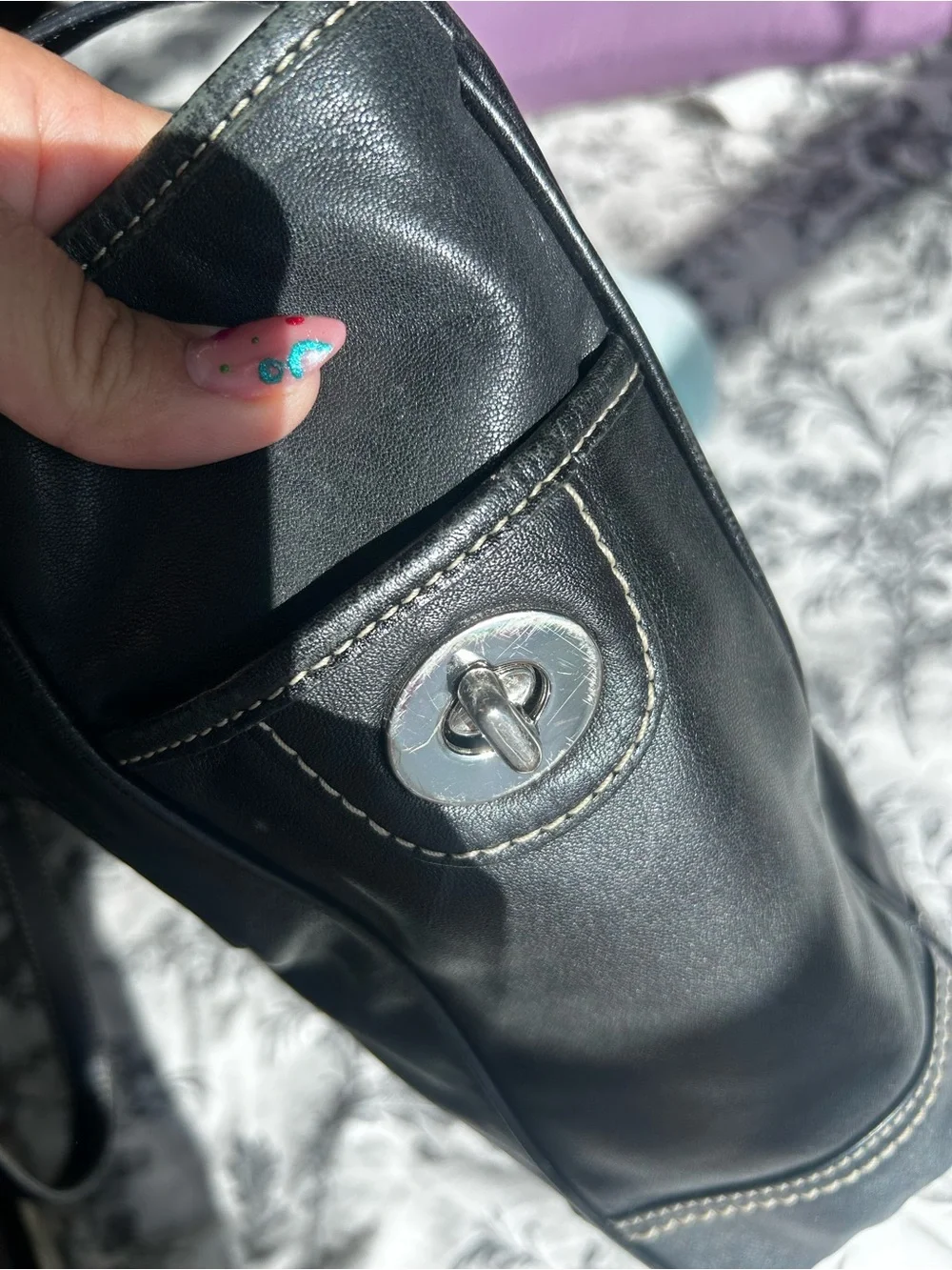 Coach Black Leather Tote with Silver Hardware
